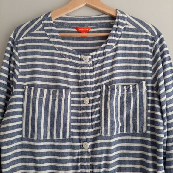 JOE FRESH Button Down Light Shirt Jacket Utility Roll-Up Sleeves Stripes Sz M - Picture 2 of 16